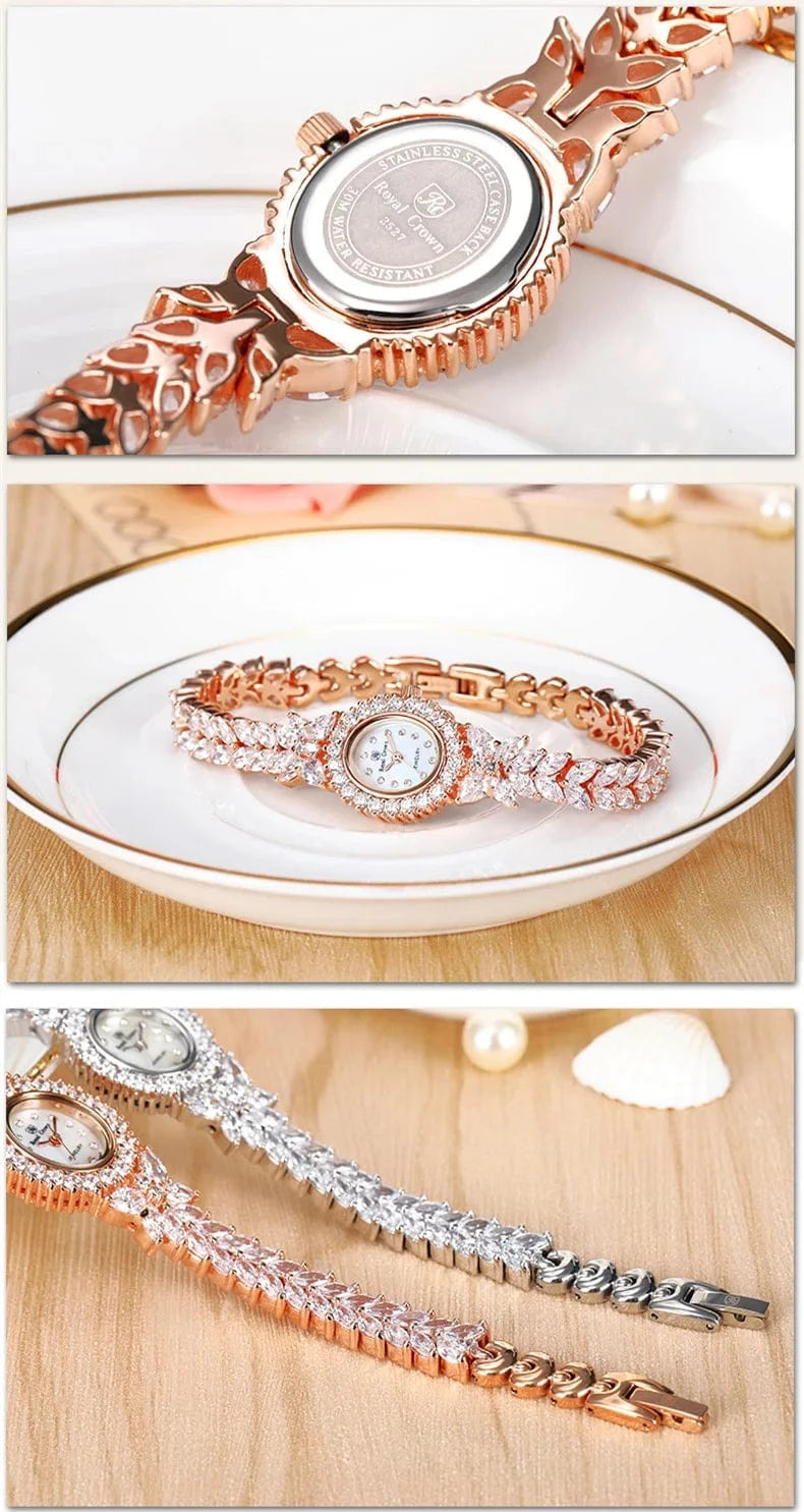 Small Luxury Prong Setting Women's Watch Fine Fashion Hours Mother of Pearl Bracelet Crystal Girl's Gift Royal Crown Box