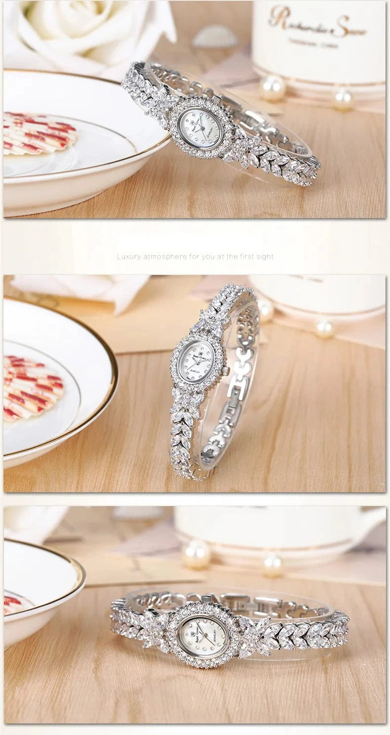 Small Luxury Prong Setting Women's Watch Fine Fashion Hours Mother of Pearl Bracelet Crystal Girl's Gift Royal Crown Box