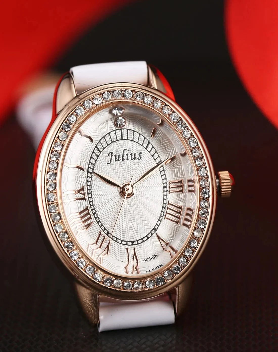 Small Oval Rhinestones Julius Lady Women's Watch Japan Quartz Elegant Fashion Hours Bracelet Leather Girl's Gift Box