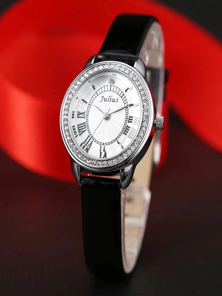 Small Oval Rhinestones Julius Lady Women's Watch Japan Quartz Elegant Fashion Hours Bracelet Leather Girl's Gift Box