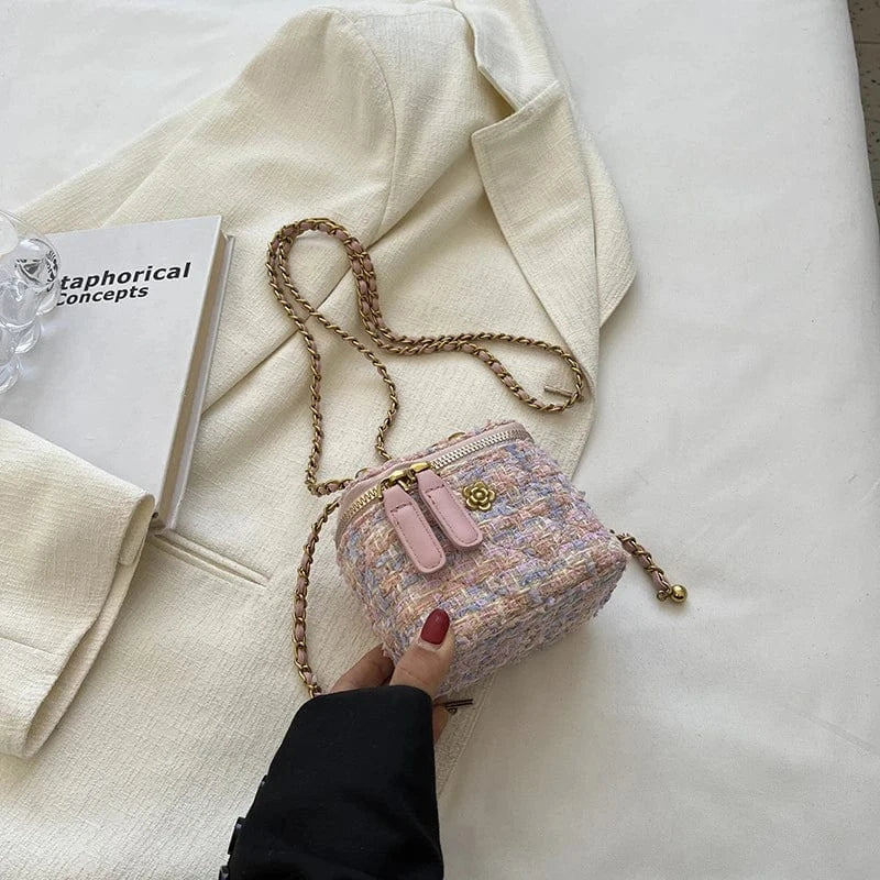 Small Pink 2024 Famous Designer Brand Women'S New Small Mini Square Box Tweed Cloth Fabric Chain Single Shoulder Messenger Crossbody Bags