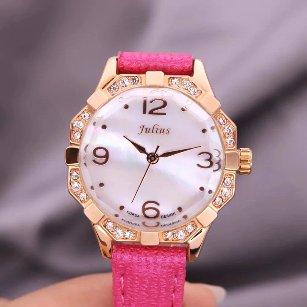 Small Rhinestones Julius Lady Women's Watch Mother-of-pearl Japan Quartz Fashion Hours Bracelet Leather Girl's Gift No Box