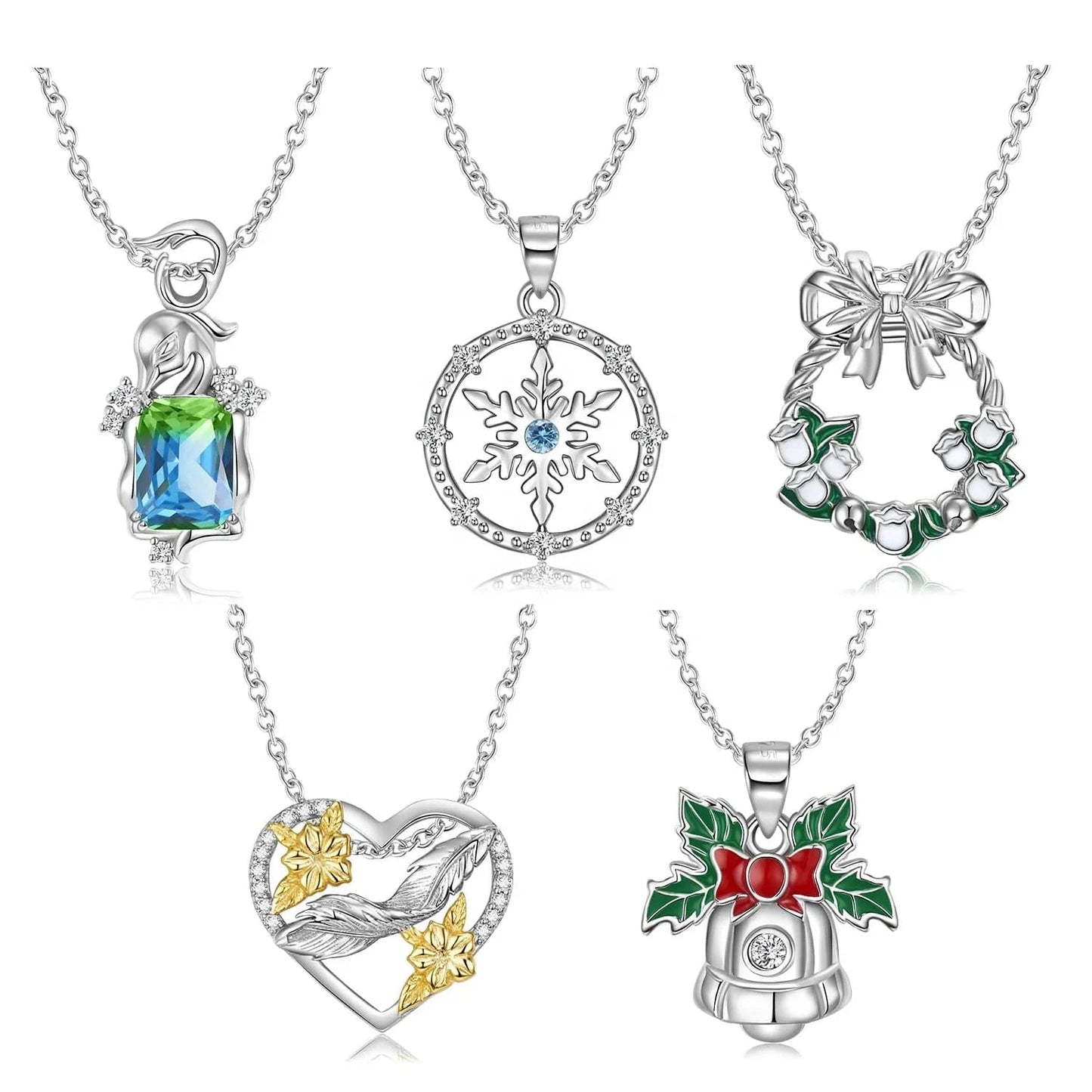 Snowflakes Pendant Necklace 925 Sterling Silver Bow-Knot Bell Heart Pendant for Women Necklaces Jewelry Making Christmas Gifts
