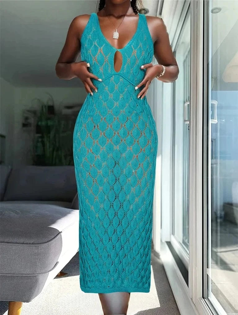 Solid colour sleeveless knitted dress Split neckline Bow tie decorative tassels Holiday style Seaside Slim knitted cover-up