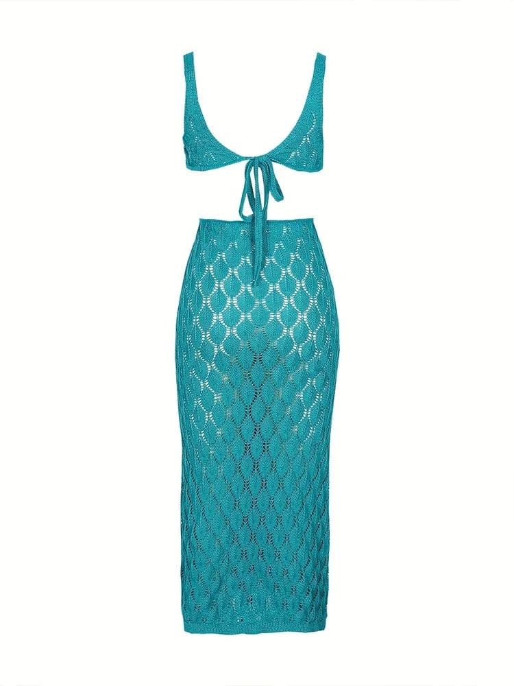 Solid colour sleeveless knitted dress Split neckline Bow tie decorative tassels Holiday style Seaside Slim knitted cover-up