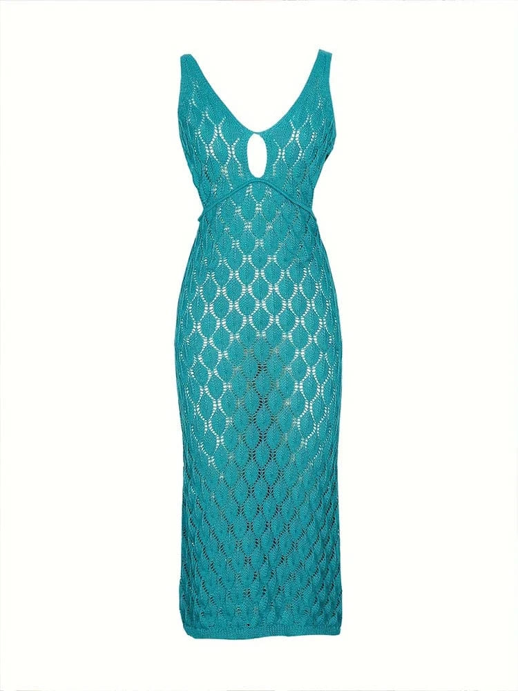 Solid colour sleeveless knitted dress Split neckline Bow tie decorative tassels Holiday style Seaside Slim knitted cover-up
