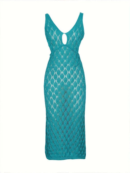 Solid colour sleeveless knitted dress Split neckline Bow tie decorative tassels Holiday style Seaside Slim knitted cover-up