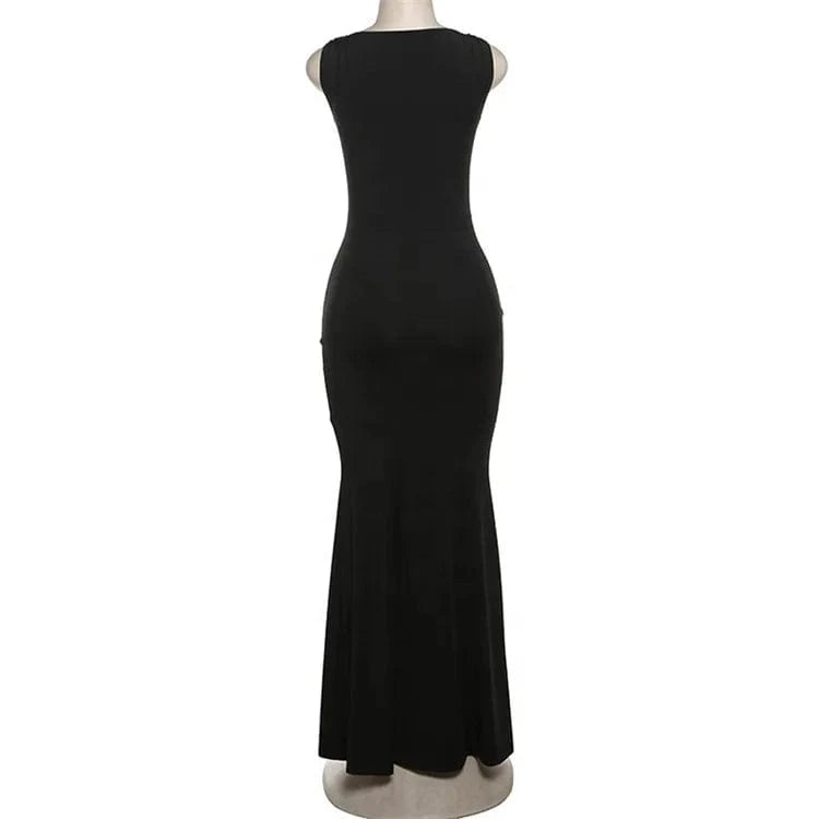 Solid Elegant Maxi Dress Women Classic Simple Sleeveless O-neck Body-shaping Ruched Robe Female 2024 New Party Dress