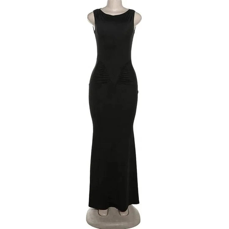 Solid Elegant Maxi Dress Women Classic Simple Sleeveless O-neck Body-shaping Ruched Robe Female 2024 New Party Dress
