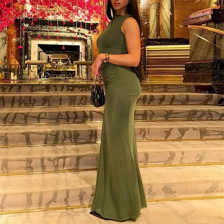 Solid Elegant Maxi Dress Women Classic Simple Sleeveless O-neck Body-shaping Ruched Robe Female 2024 New Party Dress