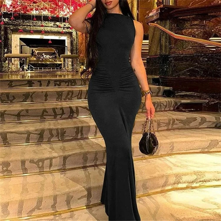 Solid Elegant Maxi Dress Women Classic Simple Sleeveless O-neck Body-shaping Ruched Robe Female 2024 New Party Dress