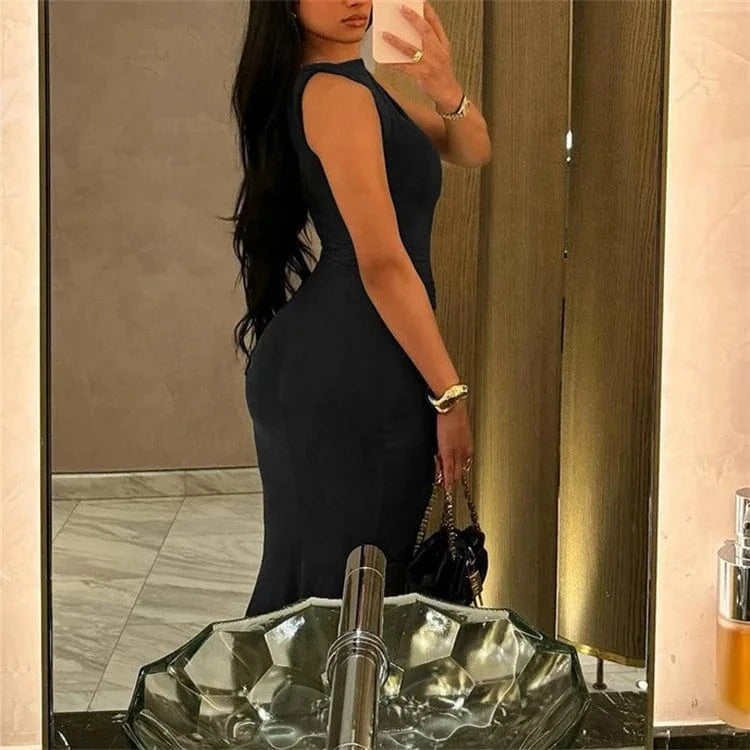 Solid Elegant Maxi Dress Women Classic Simple Sleeveless O-neck Body-shaping Ruched Robe Female 2024 New Party Dress