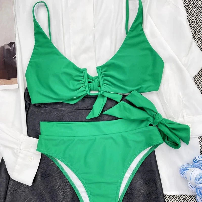 Solid High Waist Bikini Push Up Swimwear Women 2 Pieces Swimsuit Bowknot Bathing Suit High Waisted Swimsuit 2024 NWT Bikini