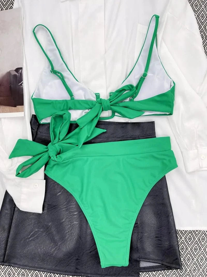 Solid High Waist Bikini Push Up Swimwear Women 2 Pieces Swimsuit Bowknot Bathing Suit High Waisted Swimsuit 2024 NWT Bikini