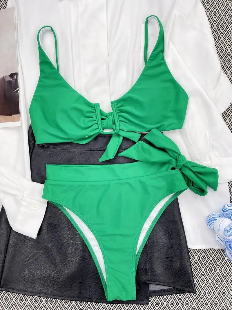 Solid High Waist Bikini Push Up Swimwear Women 2 Pieces Swimsuit Bowknot Bathing Suit High Waisted Swimsuit 2024 NWT Bikini