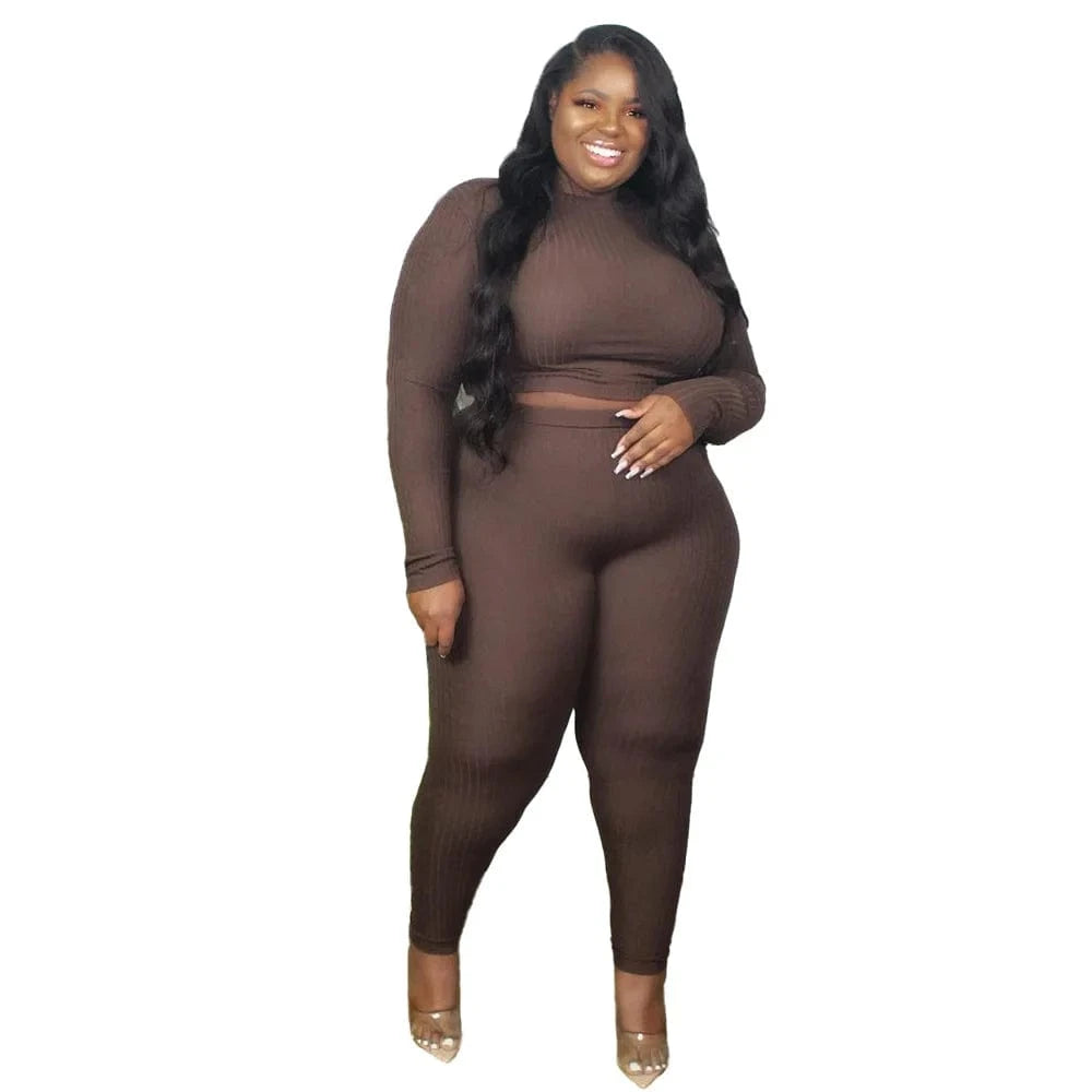 Solid Ribbed Knit Plus Size Ladies Outfits Black Long Sleeve 2 Piece Pants Set Women Clothing
