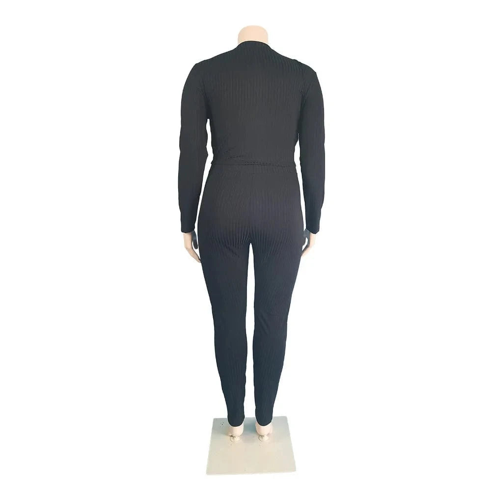 Solid Ribbed Knit Plus Size Ladies Outfits Black Long Sleeve 2 Piece Pants Set Women Clothing