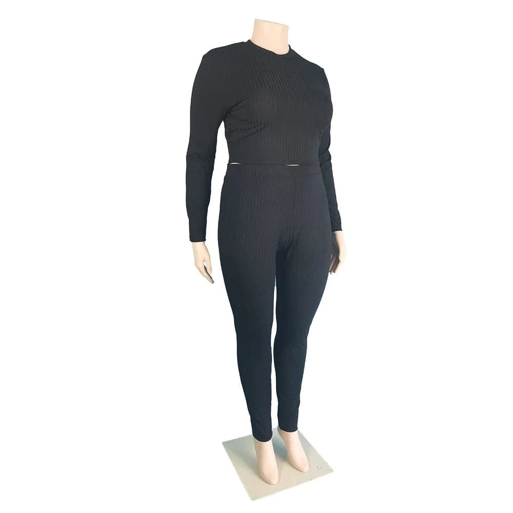 Solid Ribbed Knit Plus Size Ladies Outfits Black Long Sleeve 2 Piece Pants Set Women Clothing