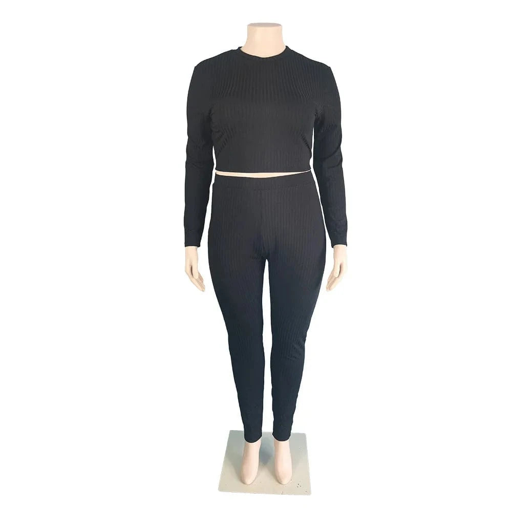 Solid Ribbed Knit Plus Size Ladies Outfits Black Long Sleeve 2 Piece Pants Set Women Clothing