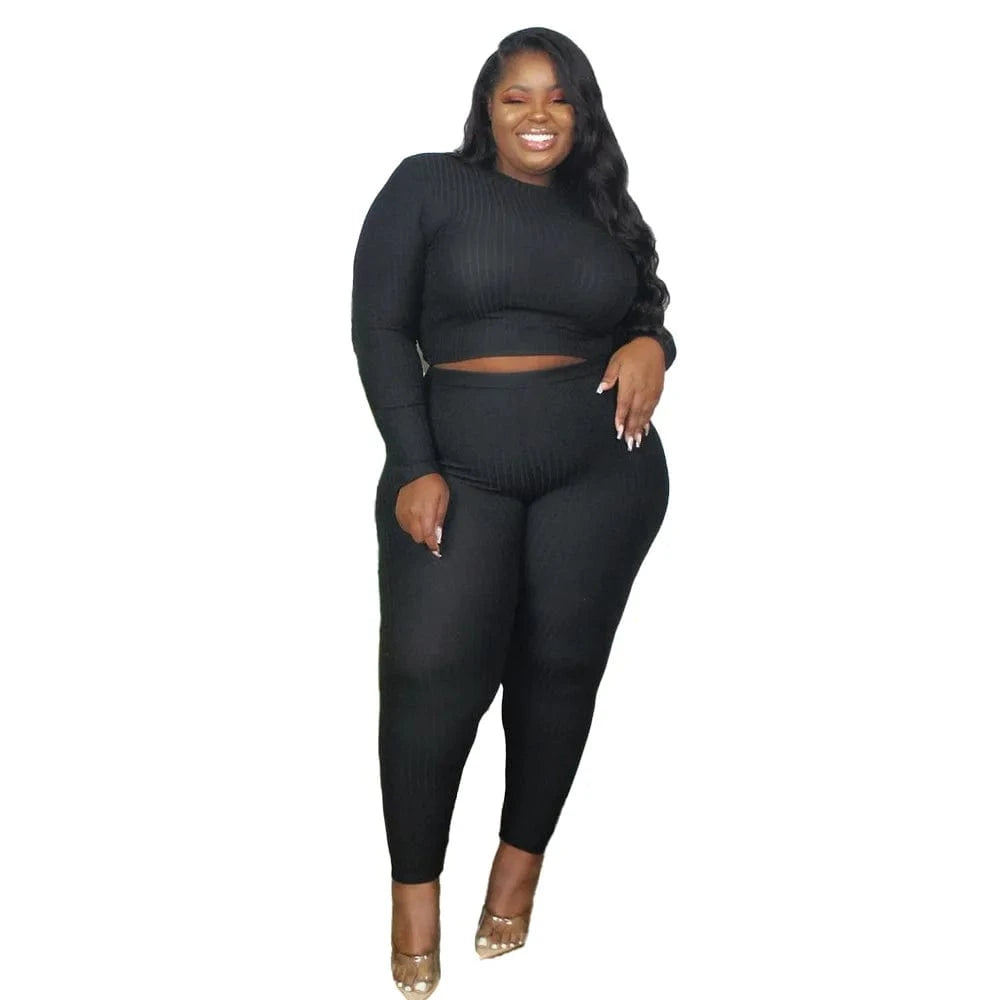 Solid Ribbed Knit Plus Size Ladies Outfits Black Long Sleeve 2 Piece Pants Set Women Clothing