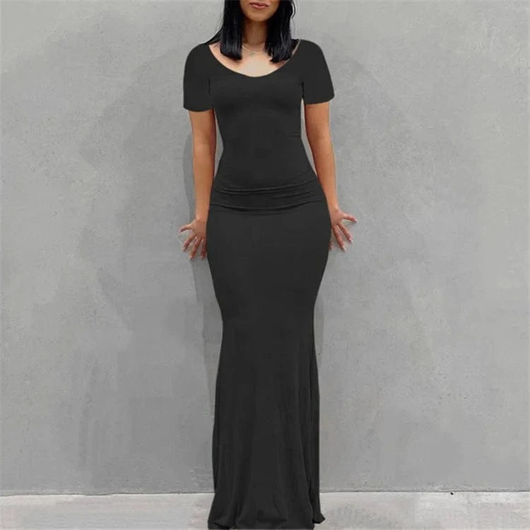 Solid Short Sleeve Slim Maxi Dresses For Women 2024 Summer Bodycon Elegant Sexy Outfits Ladies Birthday Party Club Dress