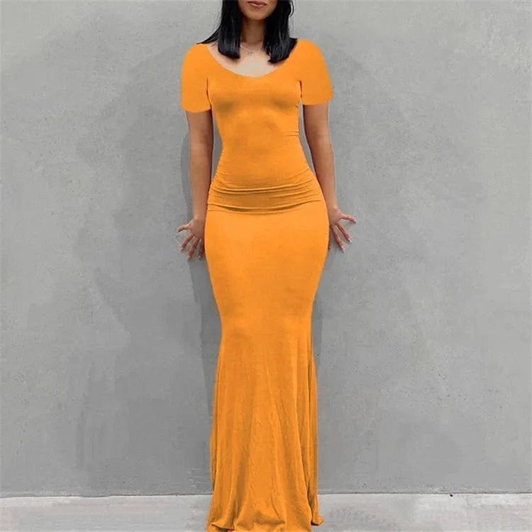 Solid Short Sleeve Slim Maxi Dresses For Women 2024 Summer Bodycon Elegant Sexy Outfits Ladies Birthday Party Club Dress