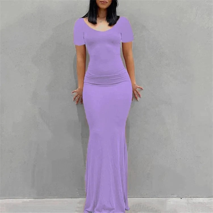 Solid Short Sleeve Slim Maxi Dresses For Women 2024 Summer Bodycon Elegant Sexy Outfits Ladies Birthday Party Club Dress