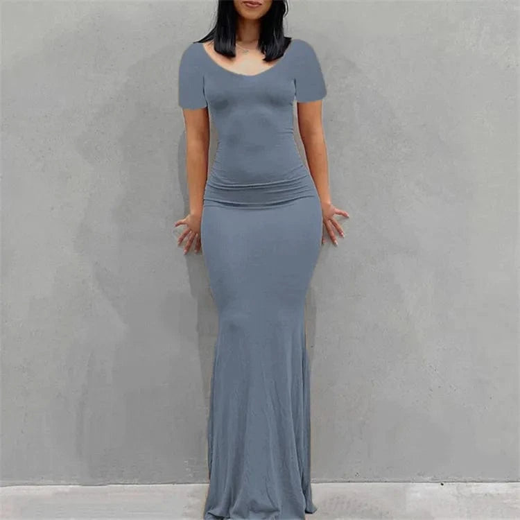 Solid Short Sleeve Slim Maxi Dresses For Women 2024 Summer Bodycon Elegant Sexy Outfits Ladies Birthday Party Club Dress