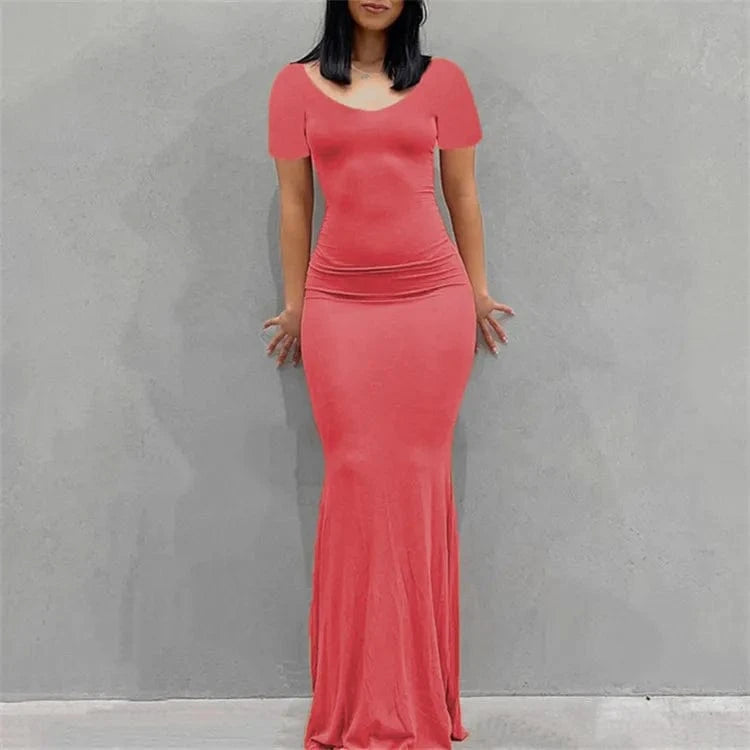 Solid Short Sleeve Slim Maxi Dresses For Women 2024 Summer Bodycon Elegant Sexy Outfits Ladies Birthday Party Club Dress