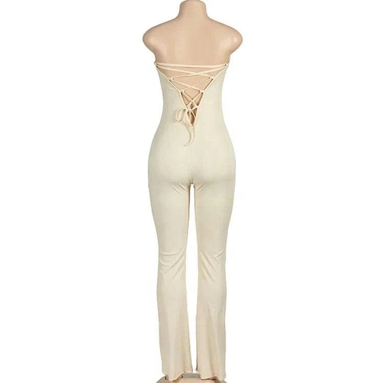 Solid Strapless Backless High Waist Flared Pants Playsuit Women Casual Slim Jumpsuit
