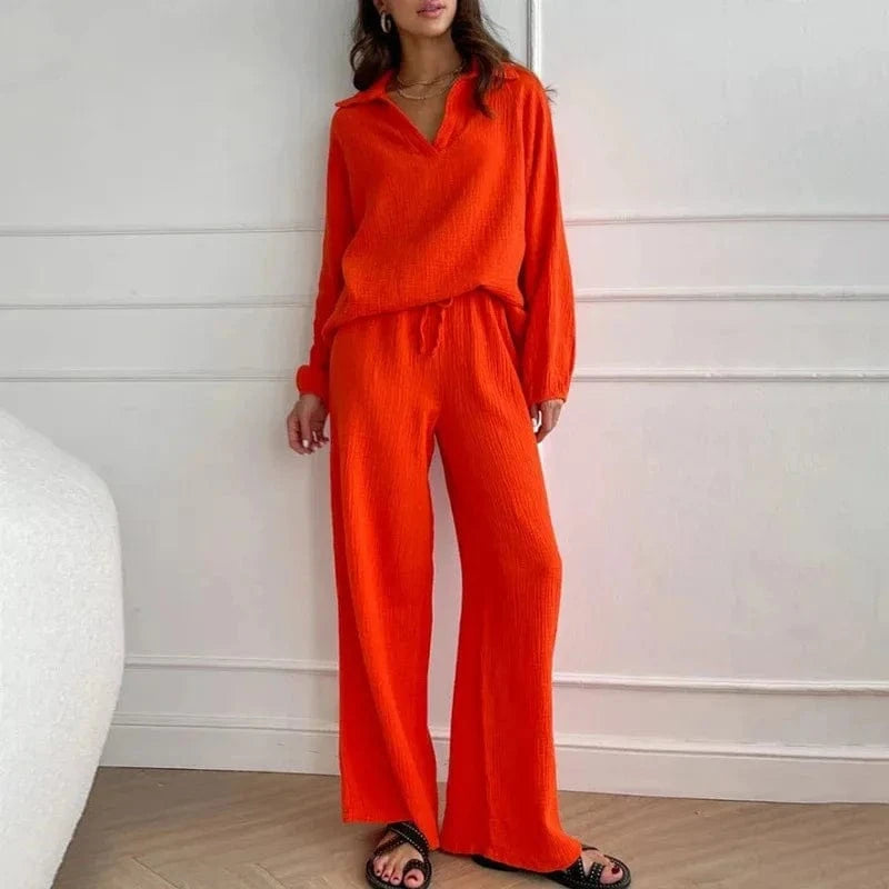 Solid Turn-down Collar Top Pants Women Suit Long Sleeve V-neck Loose Tops Wide Leg Trousers 2024 Elegant Spring Lady Set