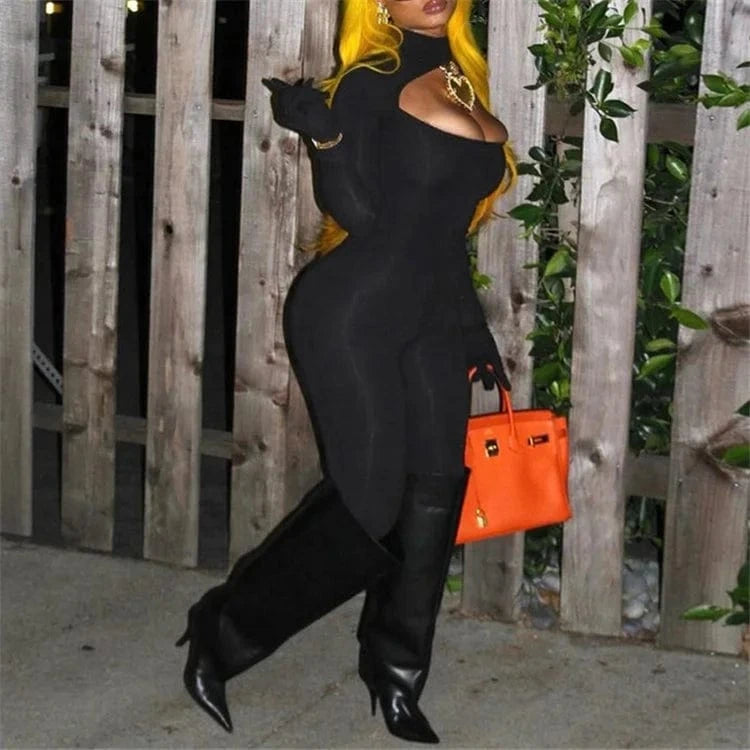 Solid Turtleneck Long Sleeve Hollow Out Gloves Sexy Bodycon Jumpsuit 2024 Fall Spring Women Romper