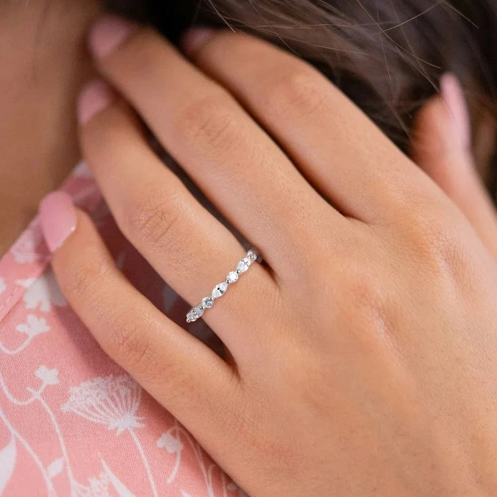 Somen Fashion Luxury Jewelry 2mm Marquise and Round Cut Zircon Band 925 Sterling Silver Rings for Women Wedding