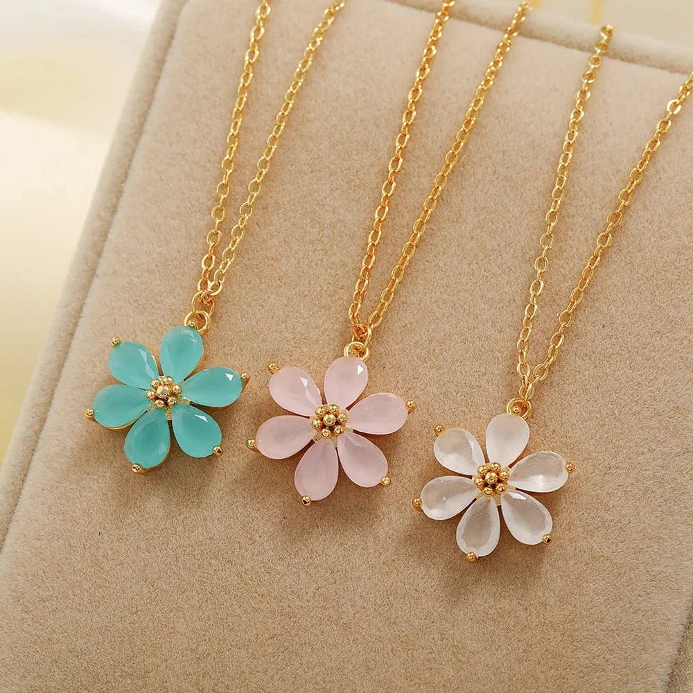 SP Korean Style 18k Gold Zircon Flower Pendant Jewelry Necklace For Women