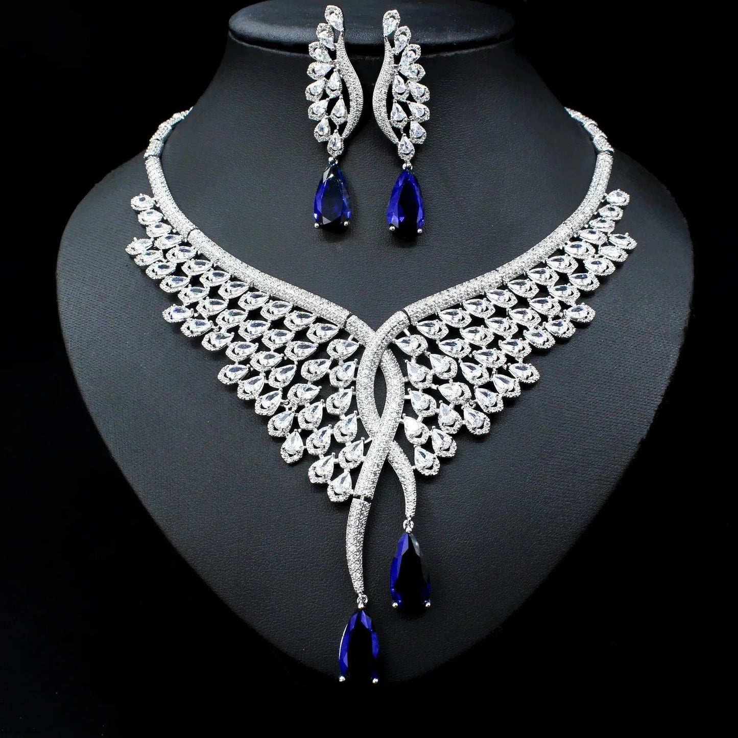 SPA061-Blue RAKOL SPA061 sterling silver jewelry sets dubai luxury indian wedding bridals cubic zirconia fashion jewelry sets jewellery