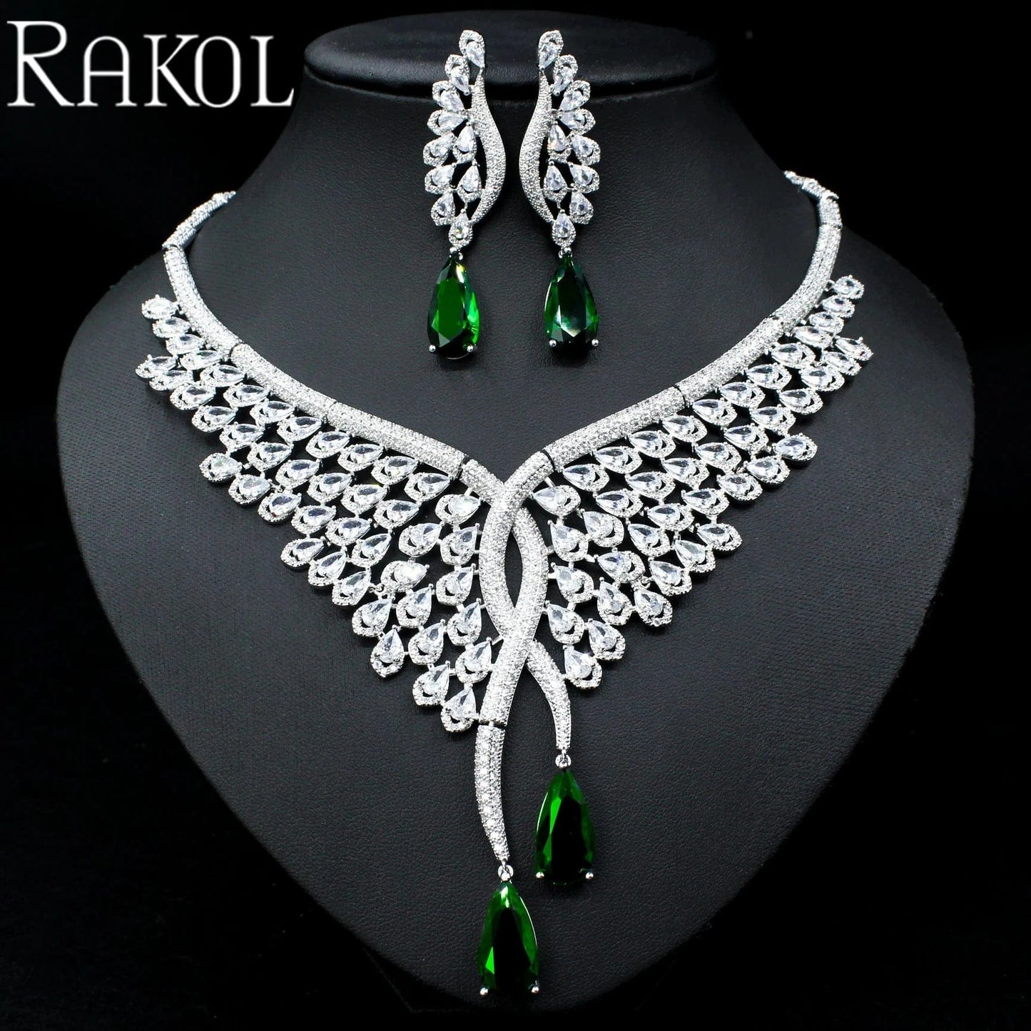 SPA061-green RAKOL SPA061 sterling silver jewelry sets dubai luxury indian wedding bridals cubic zirconia fashion jewelry sets jewellery
