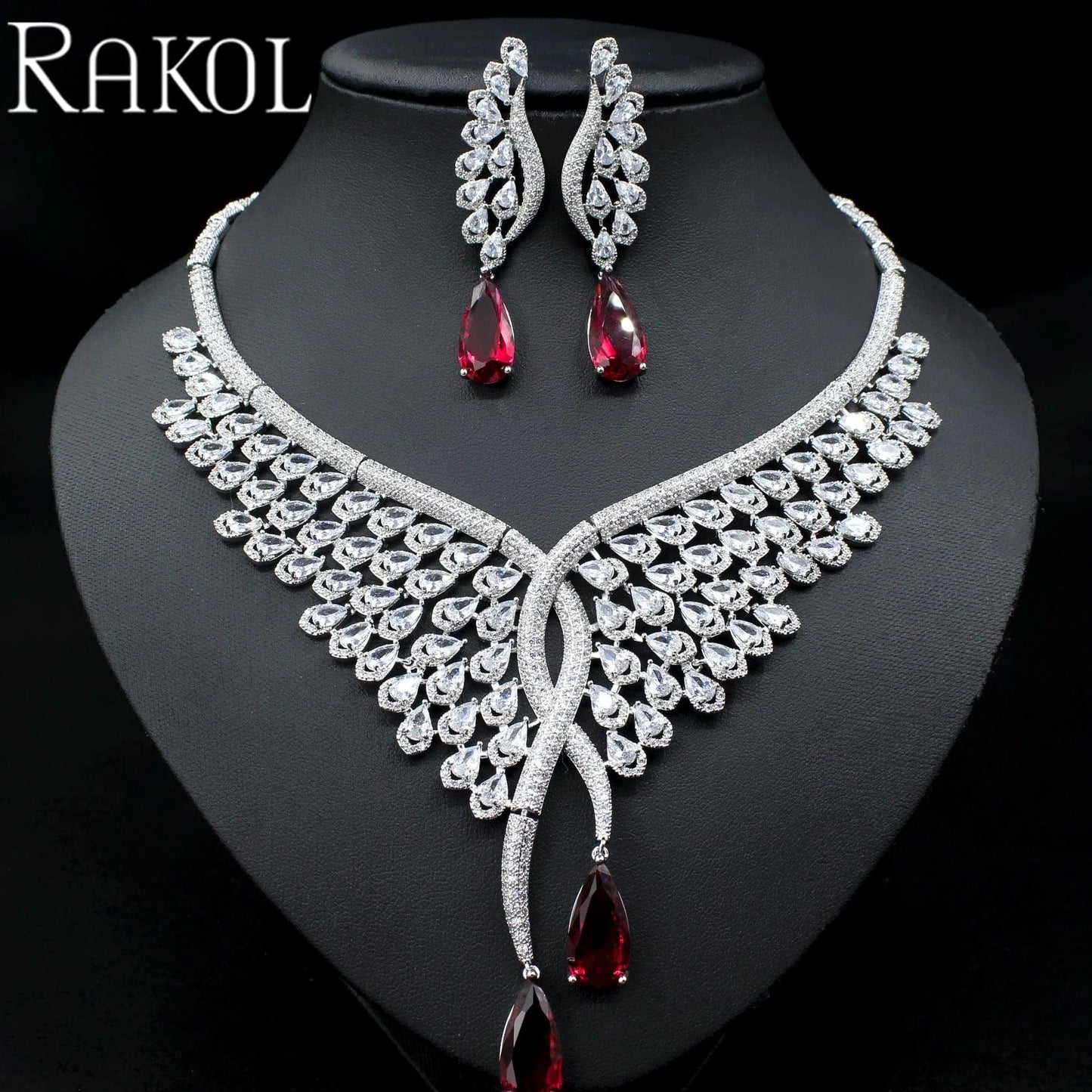 SPA061-Red RAKOL SPA061 sterling silver jewelry sets dubai luxury indian wedding bridals cubic zirconia fashion jewelry sets jewellery