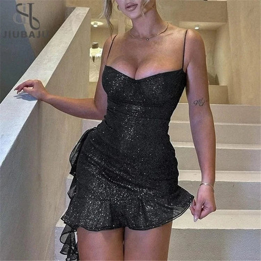 Spaghetti Strap Ruffle Mini Dress Black Glitter Party Dress For Women 2024 Sexy Slip Bodycon Short Summer Dress