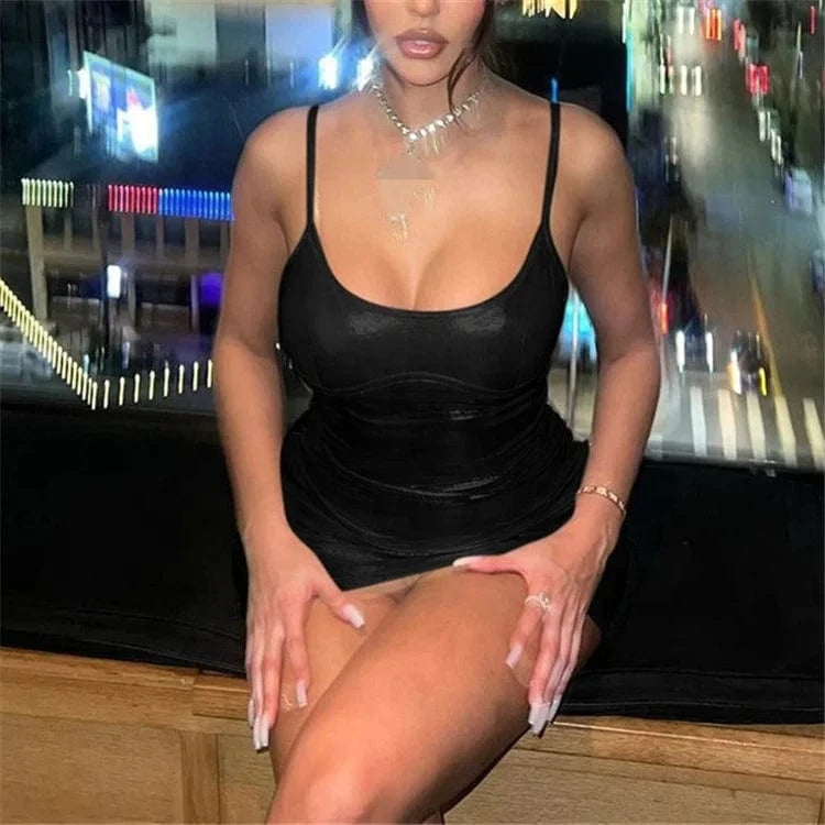 Spaghetti Strap Shiny Faux PU Leather Hot Sexy Dress Low Cut Tights Package Hip Dress