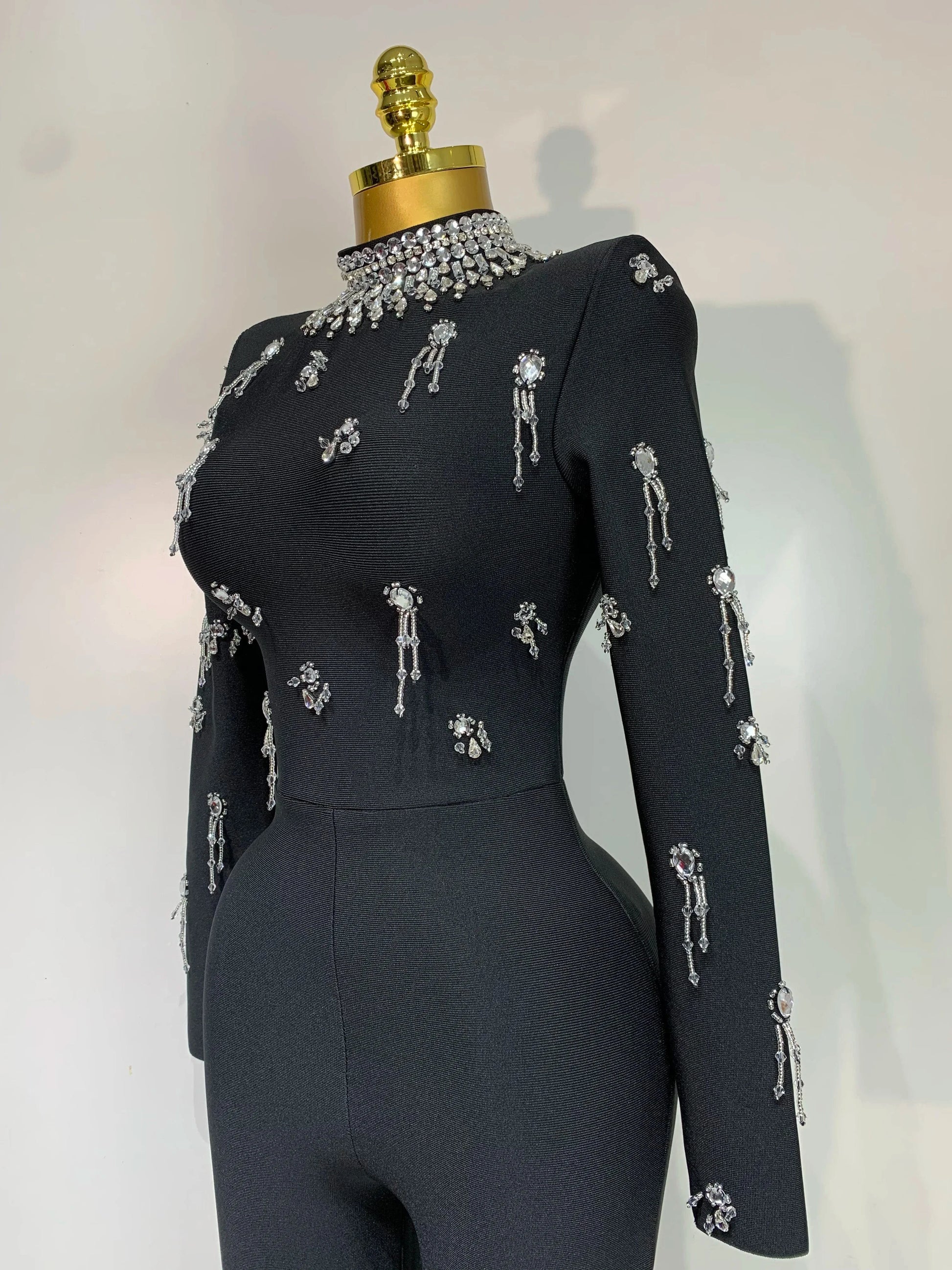 Sparkly Diamonds Long Sleeve Black Bodycom Bandage Jumpsuit Fashion 2025 Woman Evening Party Elegant Luxury Birthday Rompers