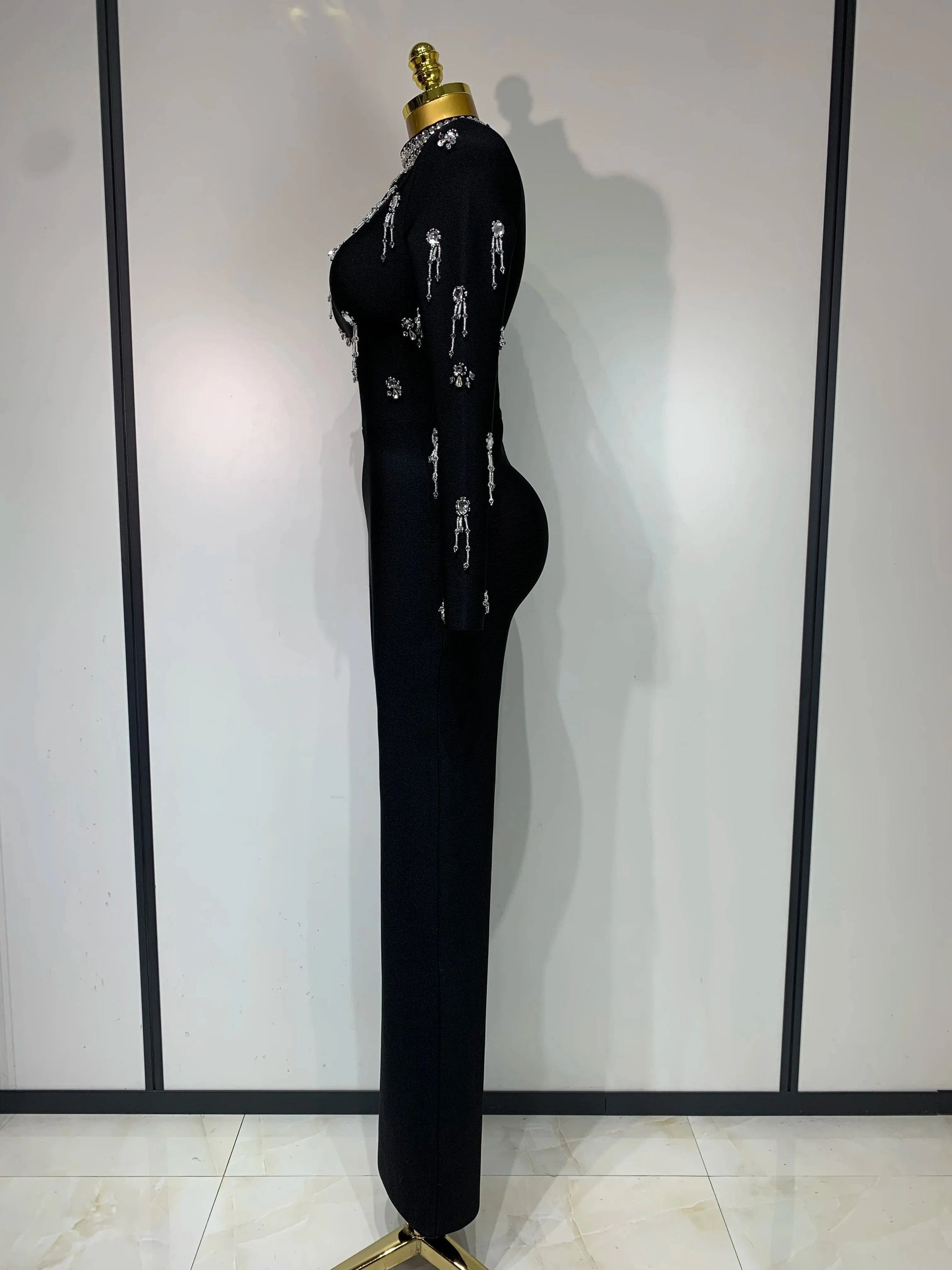 Sparkly Diamonds Long Sleeve Black Bodycom Bandage Jumpsuit Fashion 2025 Woman Evening Party Elegant Luxury Birthday Rompers