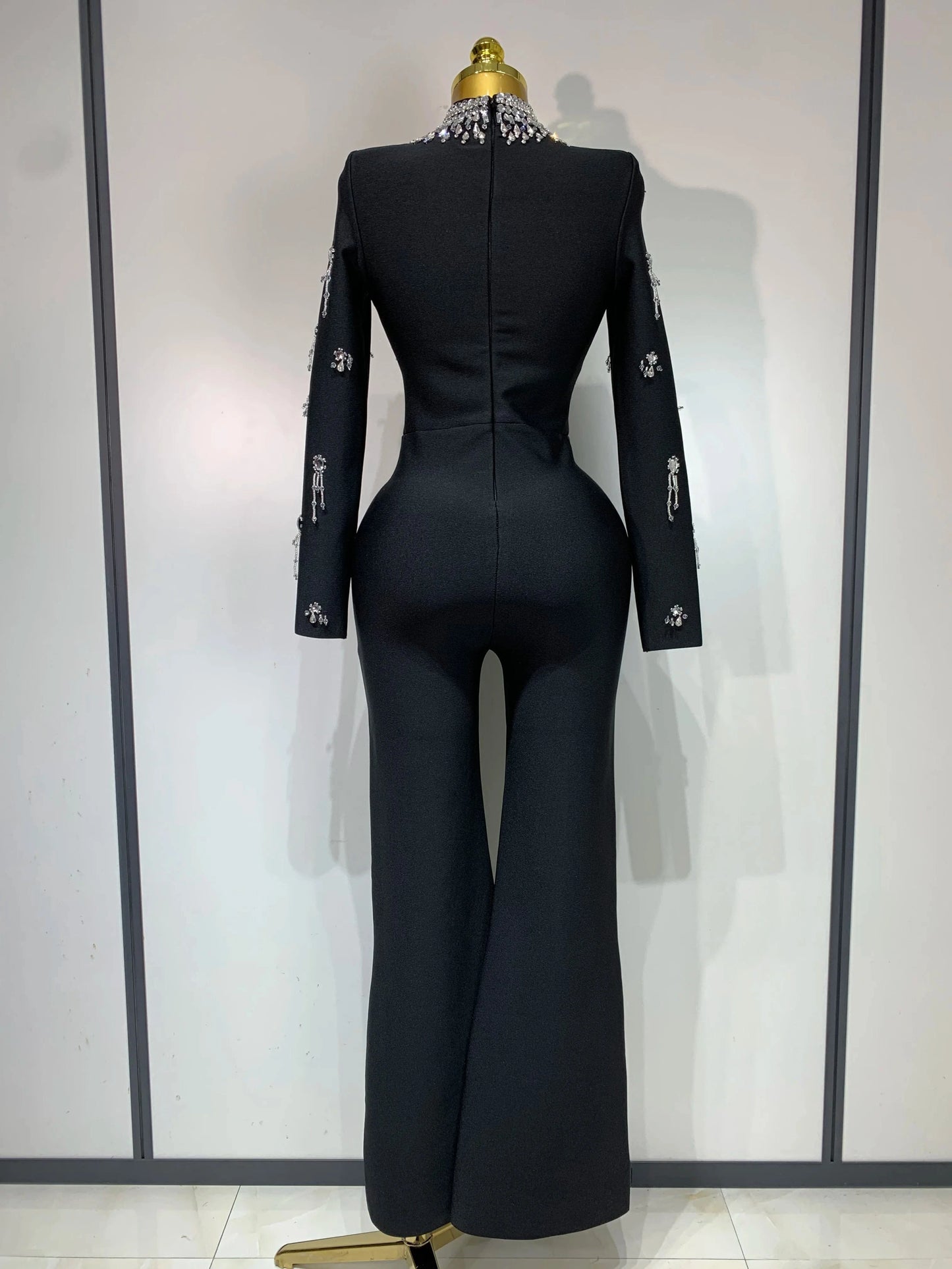 Sparkly Diamonds Long Sleeve Black Bodycom Bandage Jumpsuit Fashion 2025 Woman Evening Party Elegant Luxury Birthday Rompers