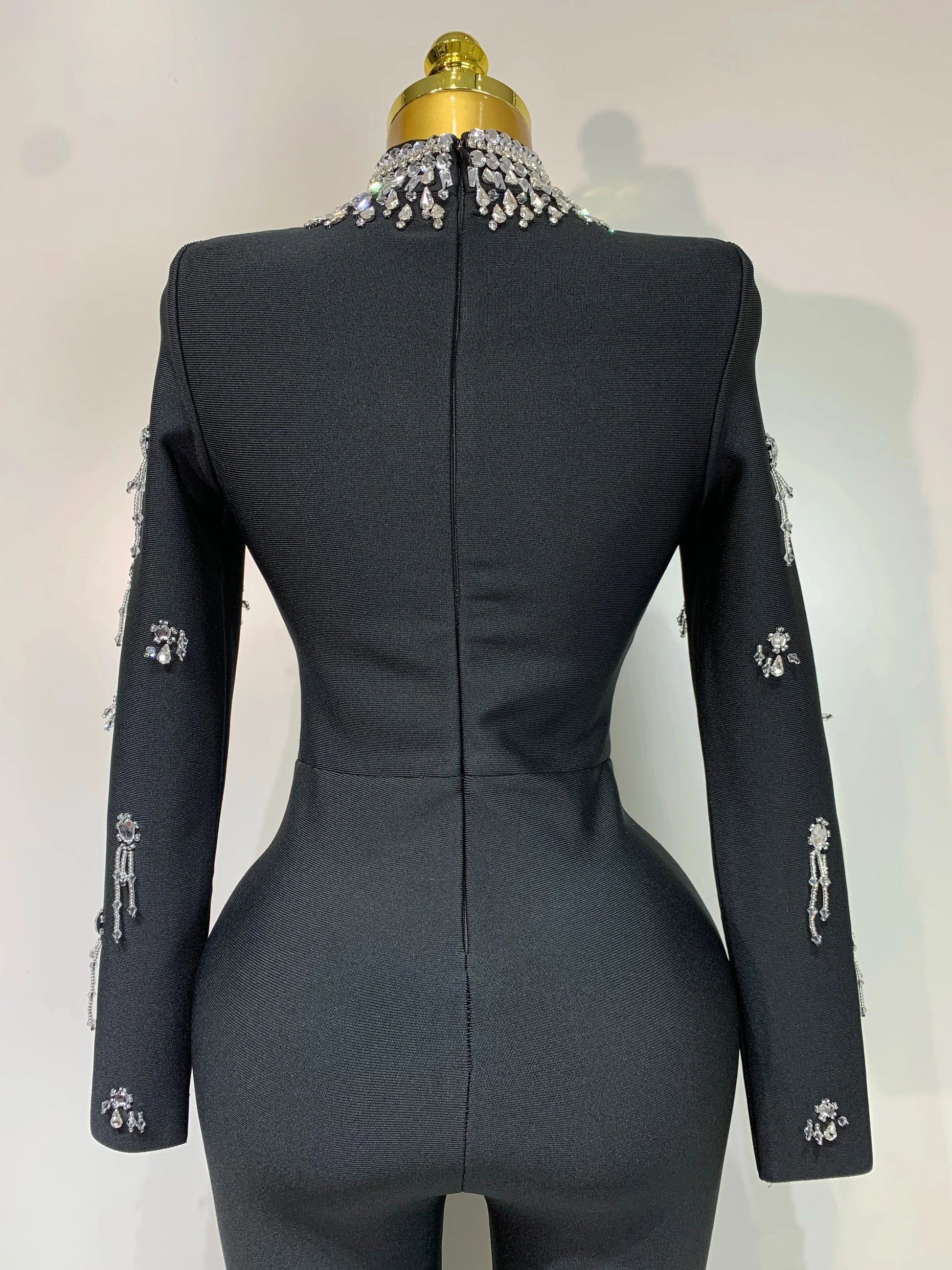 Sparkly Diamonds Long Sleeve Black Bodycom Bandage Jumpsuit Fashion 2025 Woman Evening Party Elegant Luxury Birthday Rompers