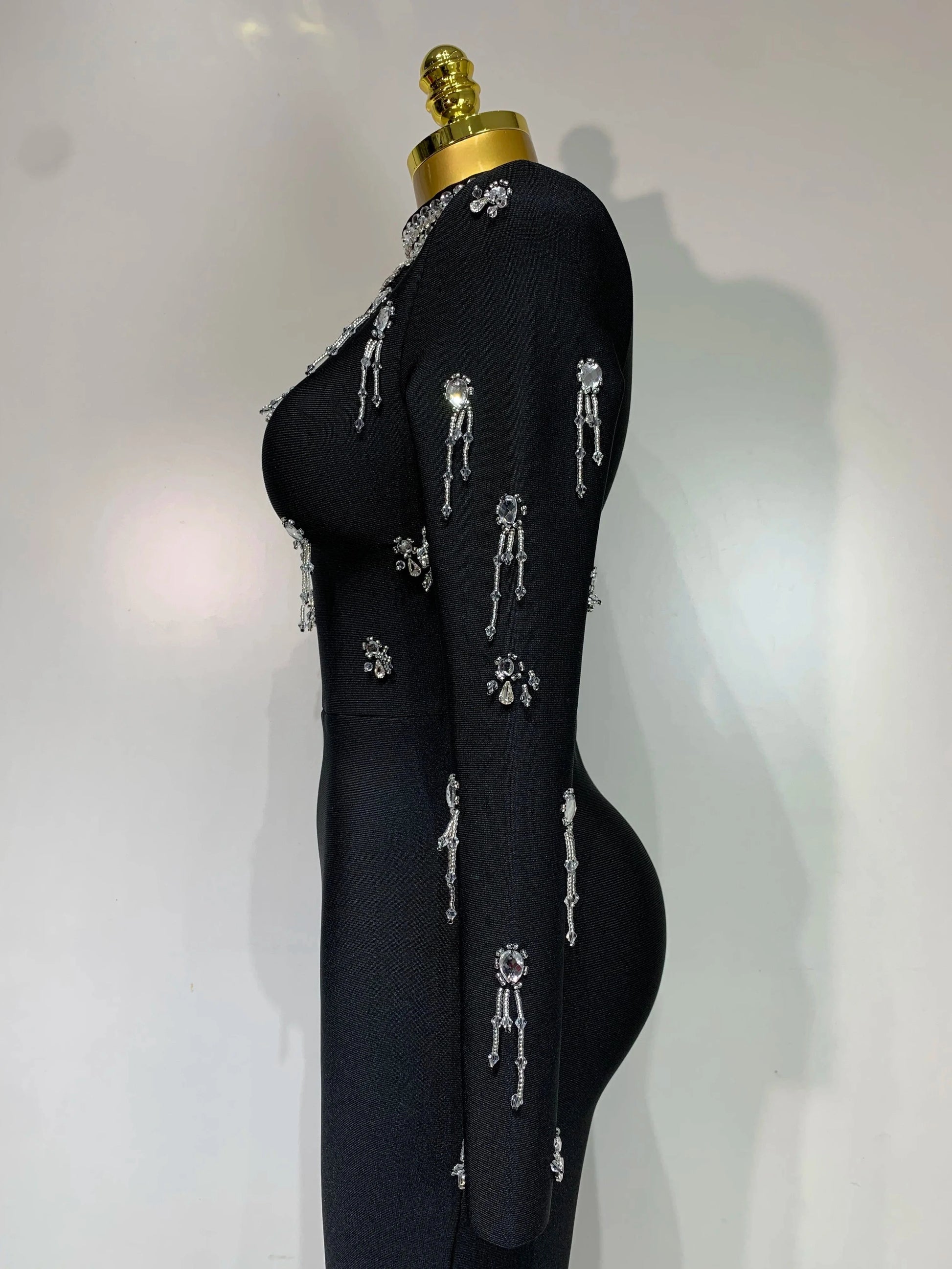 Sparkly Diamonds Long Sleeve Black Bodycom Bandage Jumpsuit Fashion 2025 Woman Evening Party Elegant Luxury Birthday Rompers