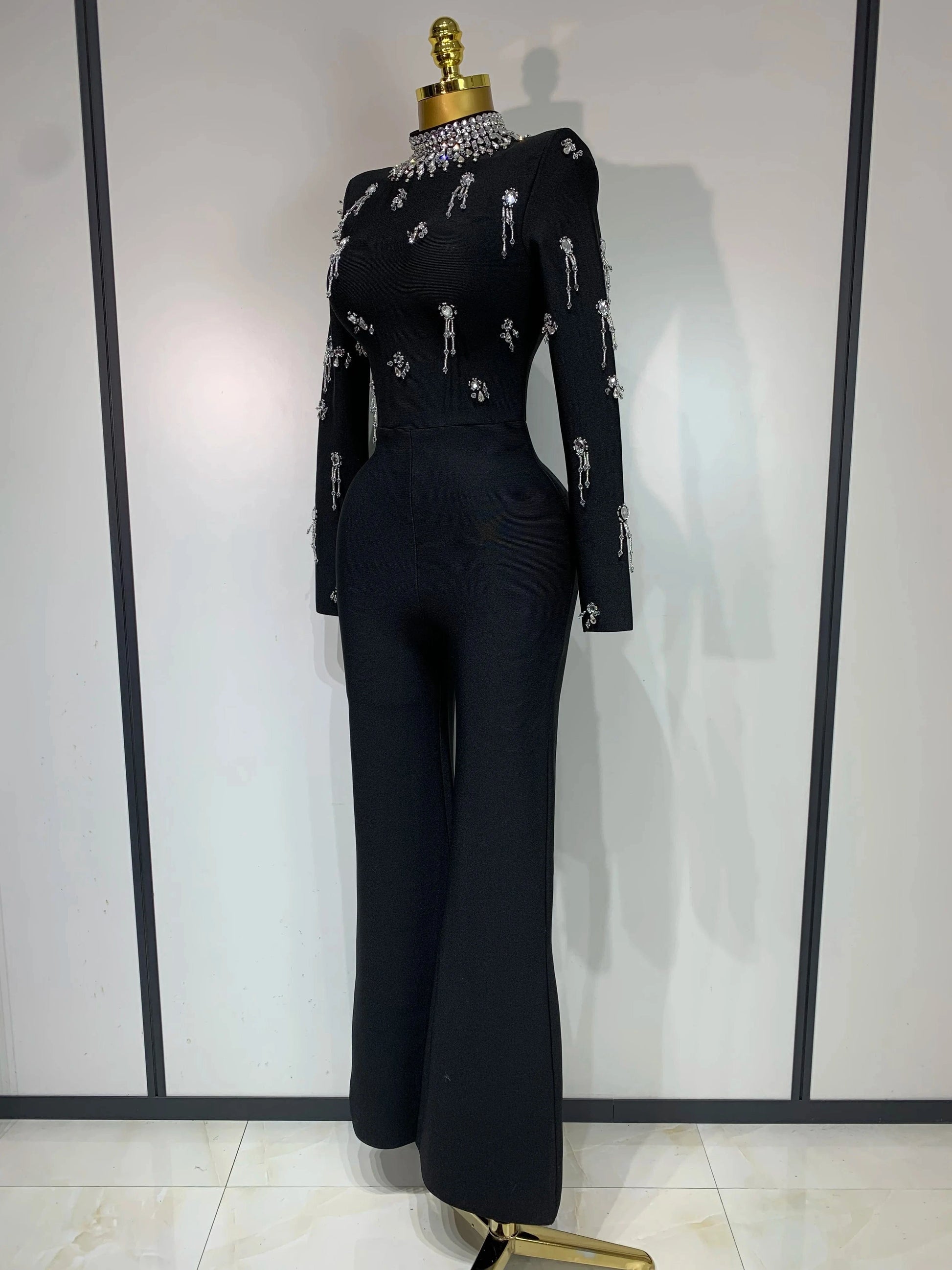 Sparkly Diamonds Long Sleeve Black Bodycom Bandage Jumpsuit Fashion 2025 Woman Evening Party Elegant Luxury Birthday Rompers