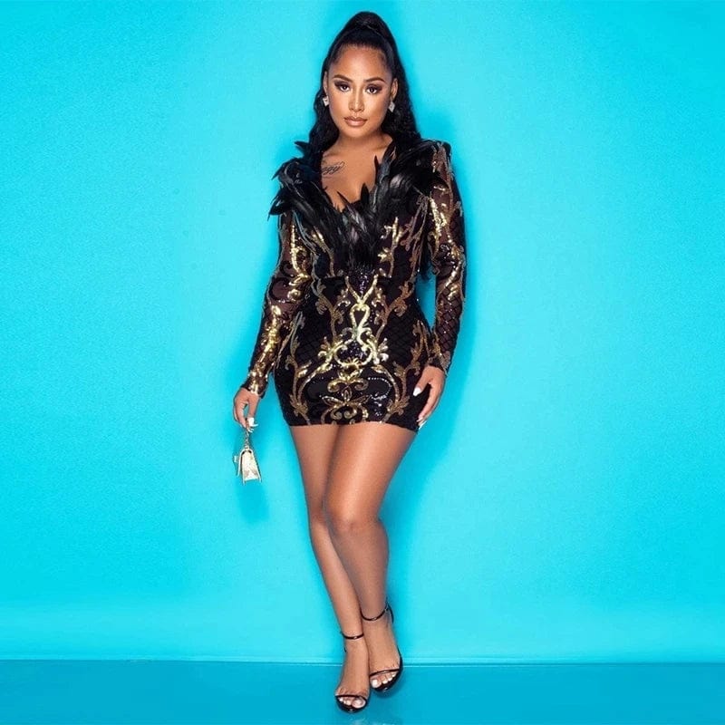 Sparkly Party Birthday Dress for Women Sexy Celebrate Long Sleeve Feather Patchwork Glitter Sequin Dress Christmas Club Dress