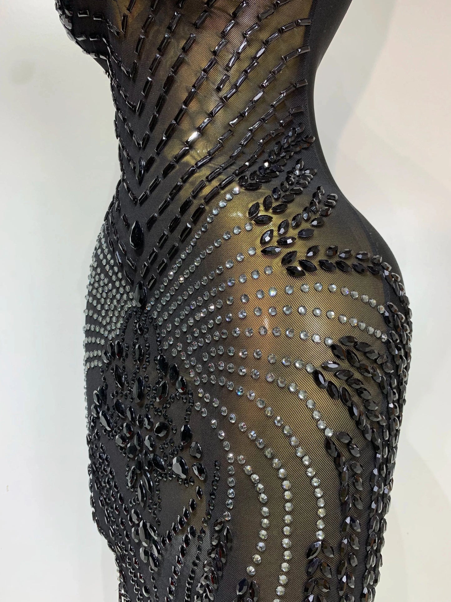 Sparkly Rhinestone Mesh See Through V Neck Dress Women Sexy Performance Stage Costume Evening Party Club Luxury Birthday Outfit