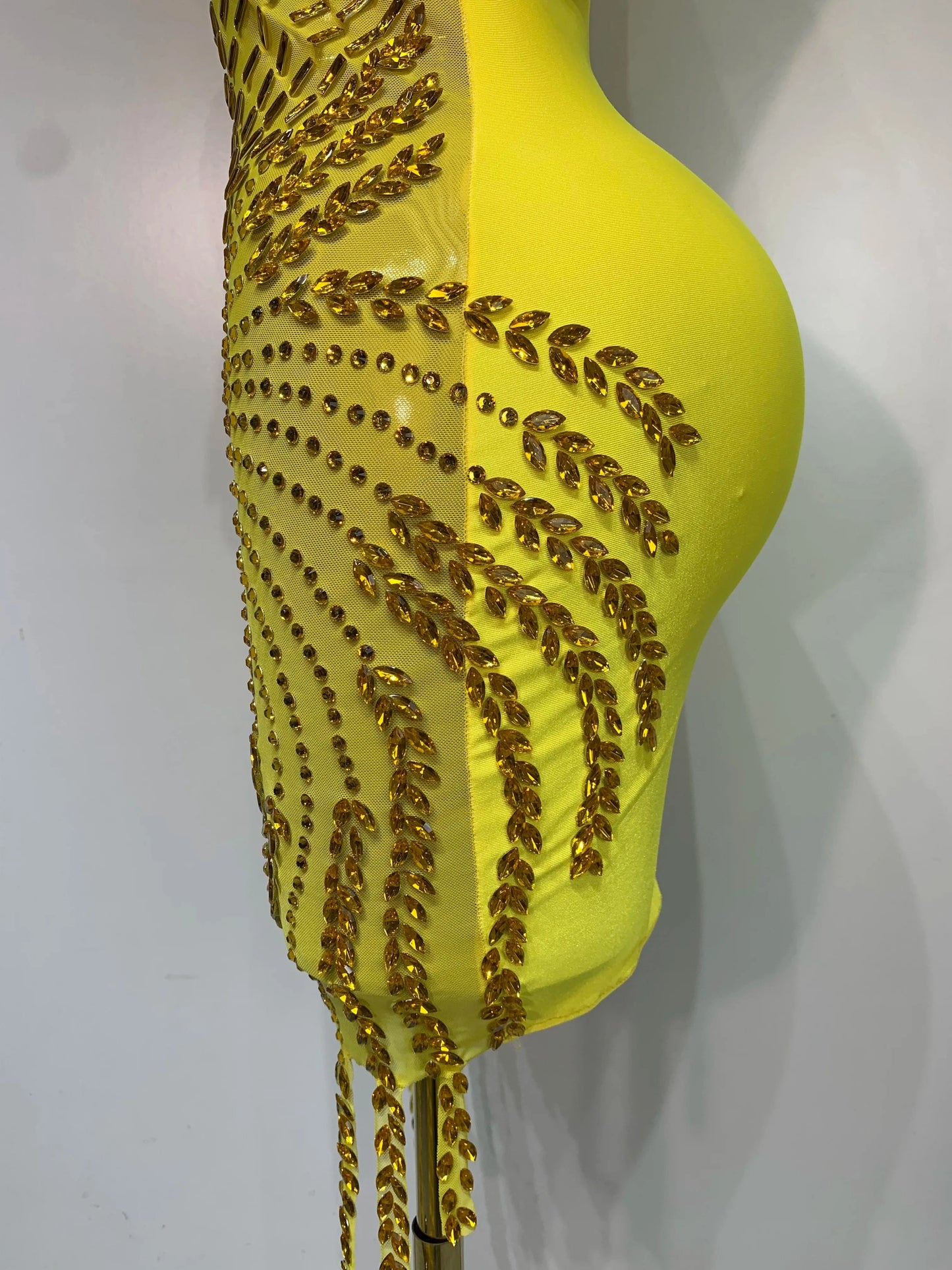 Sparkly Rhinestone Mesh See Through V Neck Dress Women Sexy Performance Stage Costume Evening Party Club Luxury Birthday Outfit