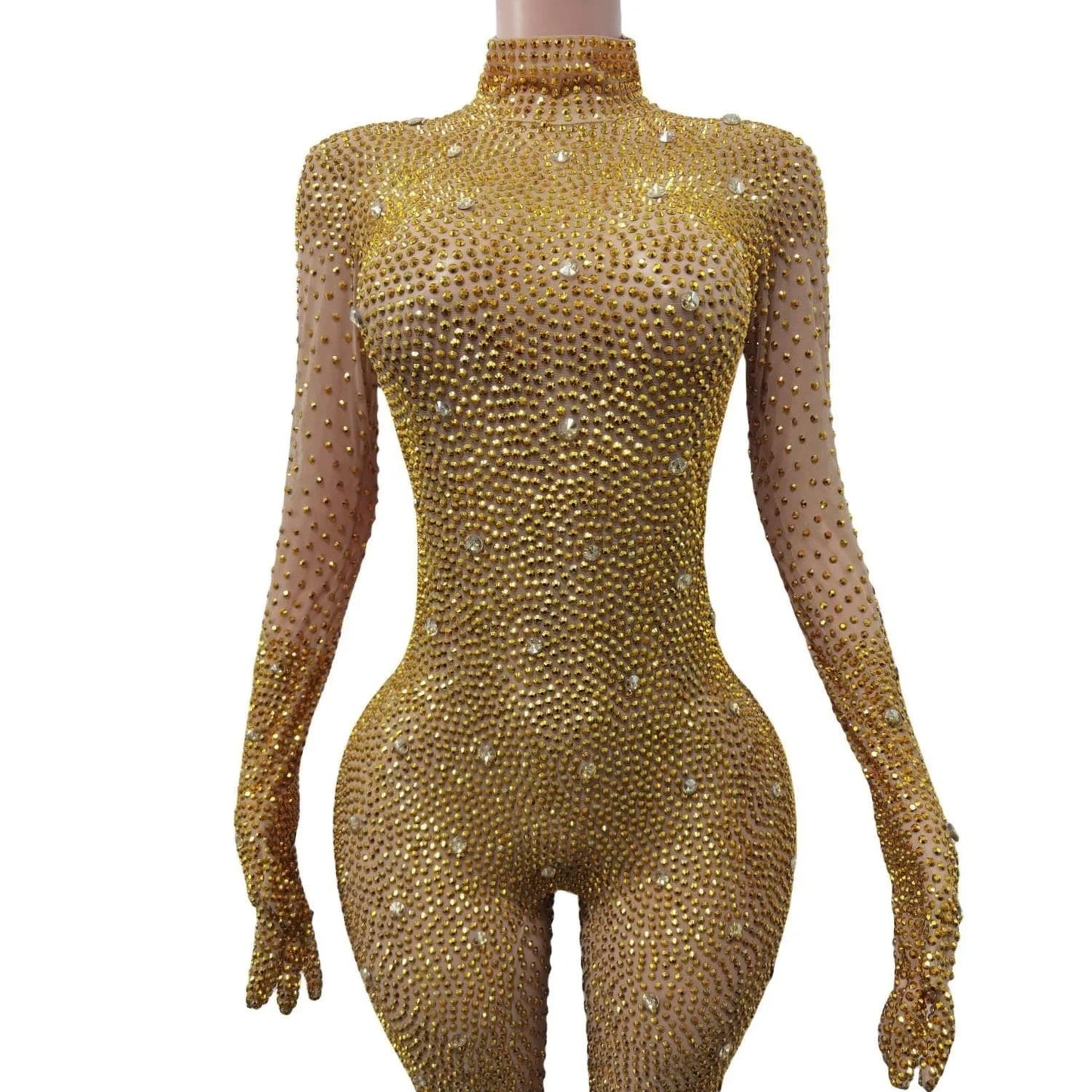 Sparkly See Through Crystal One Piece Bodysuit Ladies Rompers Performance Dancer Leotard Plus Size Sexy Diamonds Mesh Jumpsuit