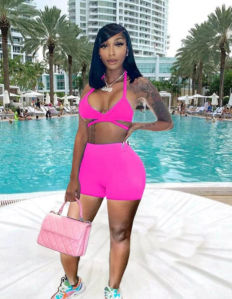 Sports Casual Camisole Slim Shorts Summer Two Piece Set Women Short Set Clothing Sexy Crop Tops Set Custom